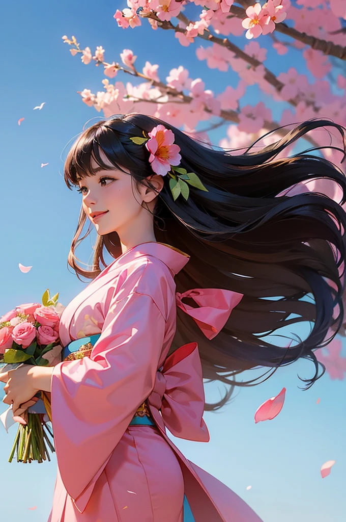 A beautiful woman wearing a pink kimono smiles while holding a bouquet of flowers under a clear blue sky