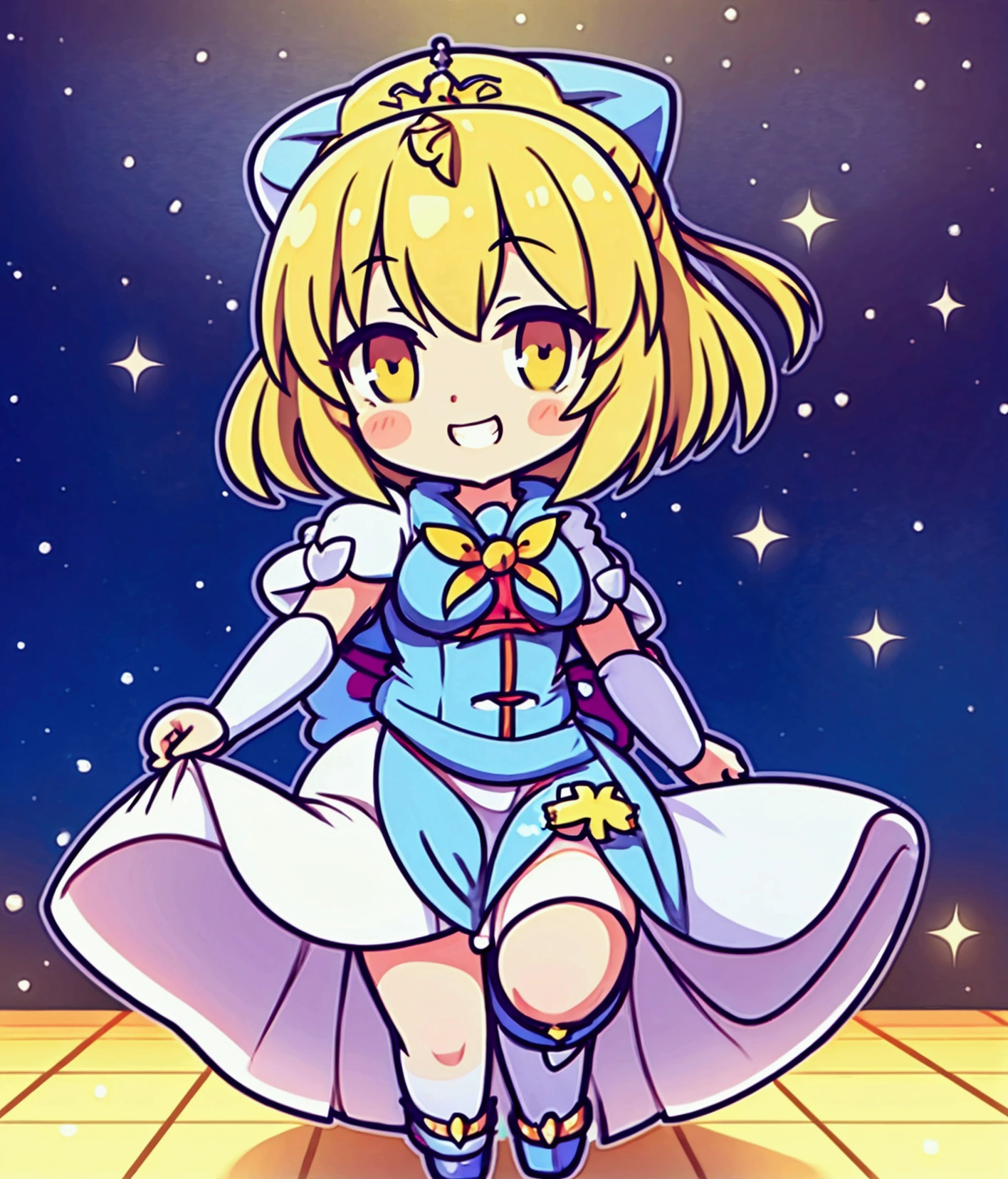 anime girl with blonde hair and blue dress standing  on floor,  in dress, , anime goddess, cute anime waifu in a nice dress, artoria pendragon, rei hiroe, anime moe artstyle, anime best girl, [[[[grinning evily]]]], from touhou, Shirabii, Anime princess,Little,Stickers,Highest quality,masterpiece,High resolution,short hair,