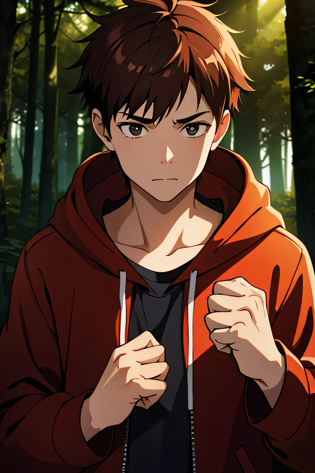 16-year-old boy、Reddish brown hair、Short Hair、Wearing a black hoodie、Being in a dimly lit forest、Holding a fist