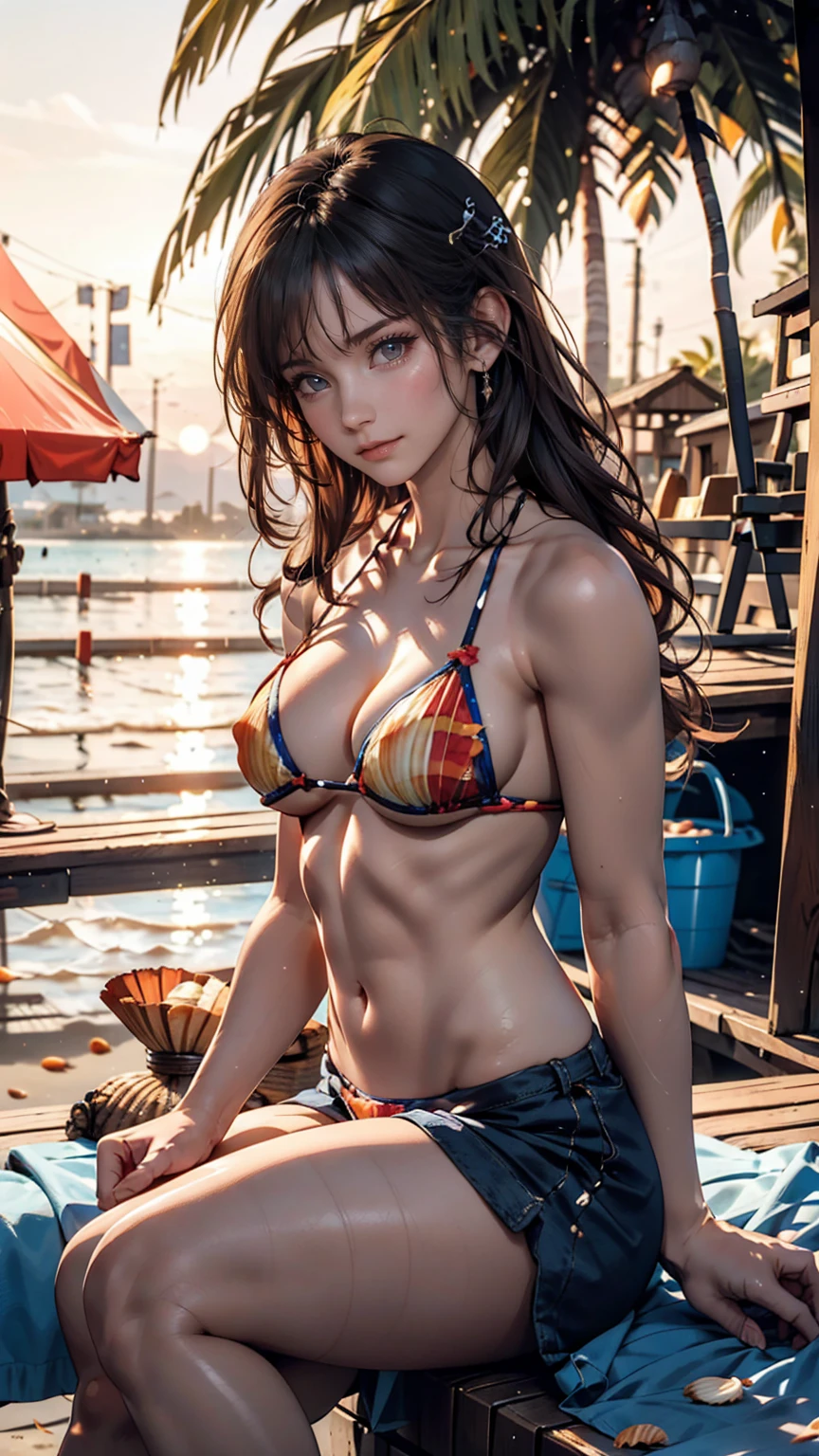At Sunset Beach、A woman wearing a micro bikini is sitting on the beach。Shells are scattered all around her、The light of the setting sun is sparkling