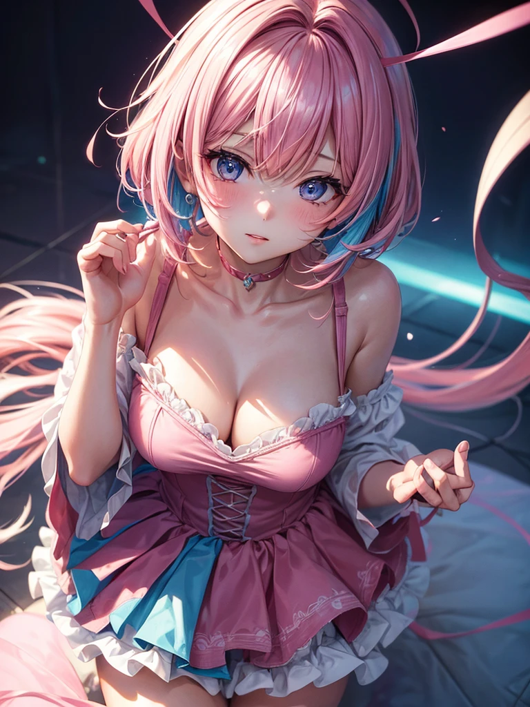A beautiful detailed portrait of a young girl with a messy hairstyle, short multicolor hair, pink and blue hair, and wearing stylish e-girl clothes at night. blushing and looking at the camera with a playful, gamer girl expression. The image is masterfully composed with cinematic lighting, ambient occlusion, and extremely high resolution up to 8K, resulting in a soft, smooth, and highly detailed anime-styled portrait with perfect facial features. The overall tone is very sexy and alluring, with a random low angle view accentuating her figure, with sexy clouth, beautifull body