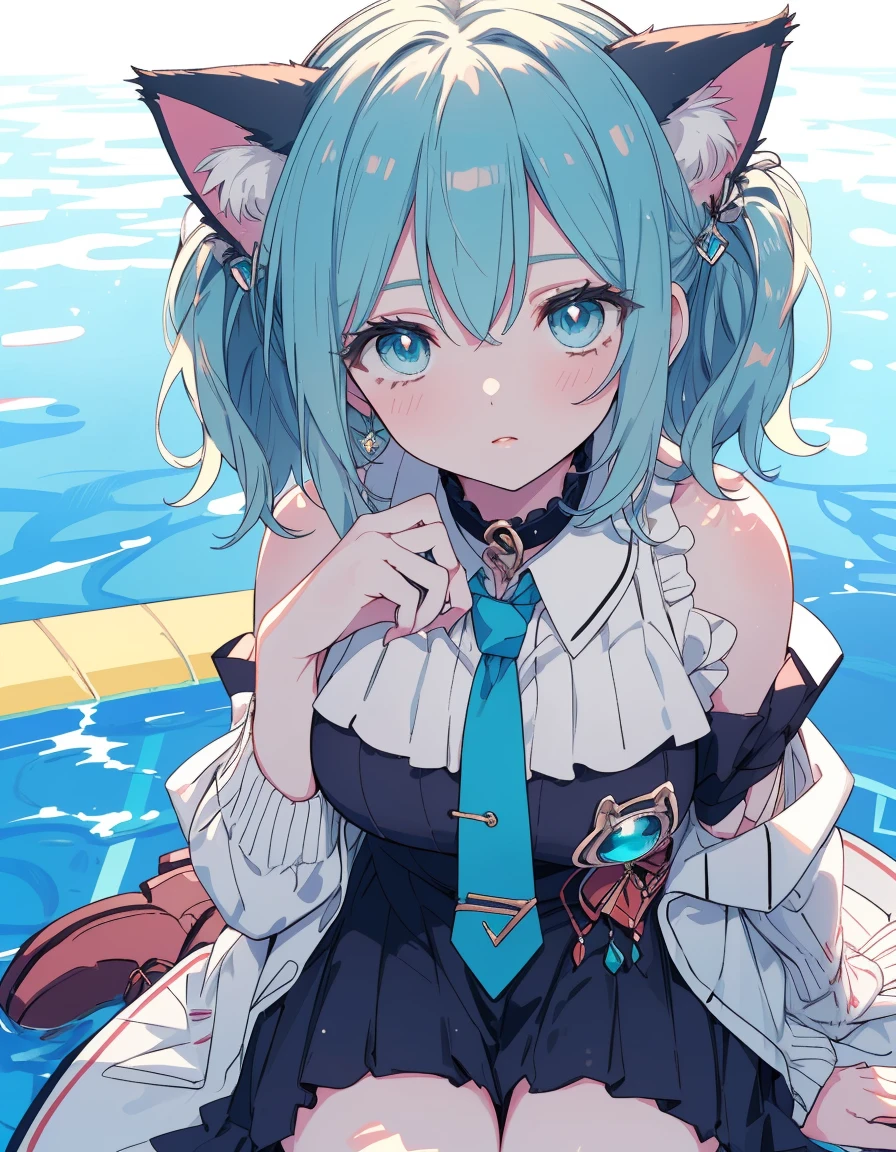 sitting on the poolside, wariza, front-tie top, sunshine, sunny day, summer, blue, ((masterpiece, best quality:1.5)), ((Beautiful detailed cat aqua eyes:1.2)), cat ears, pale skin, medium breasts, beautiful hands, beautiful fingers, EasyNegative