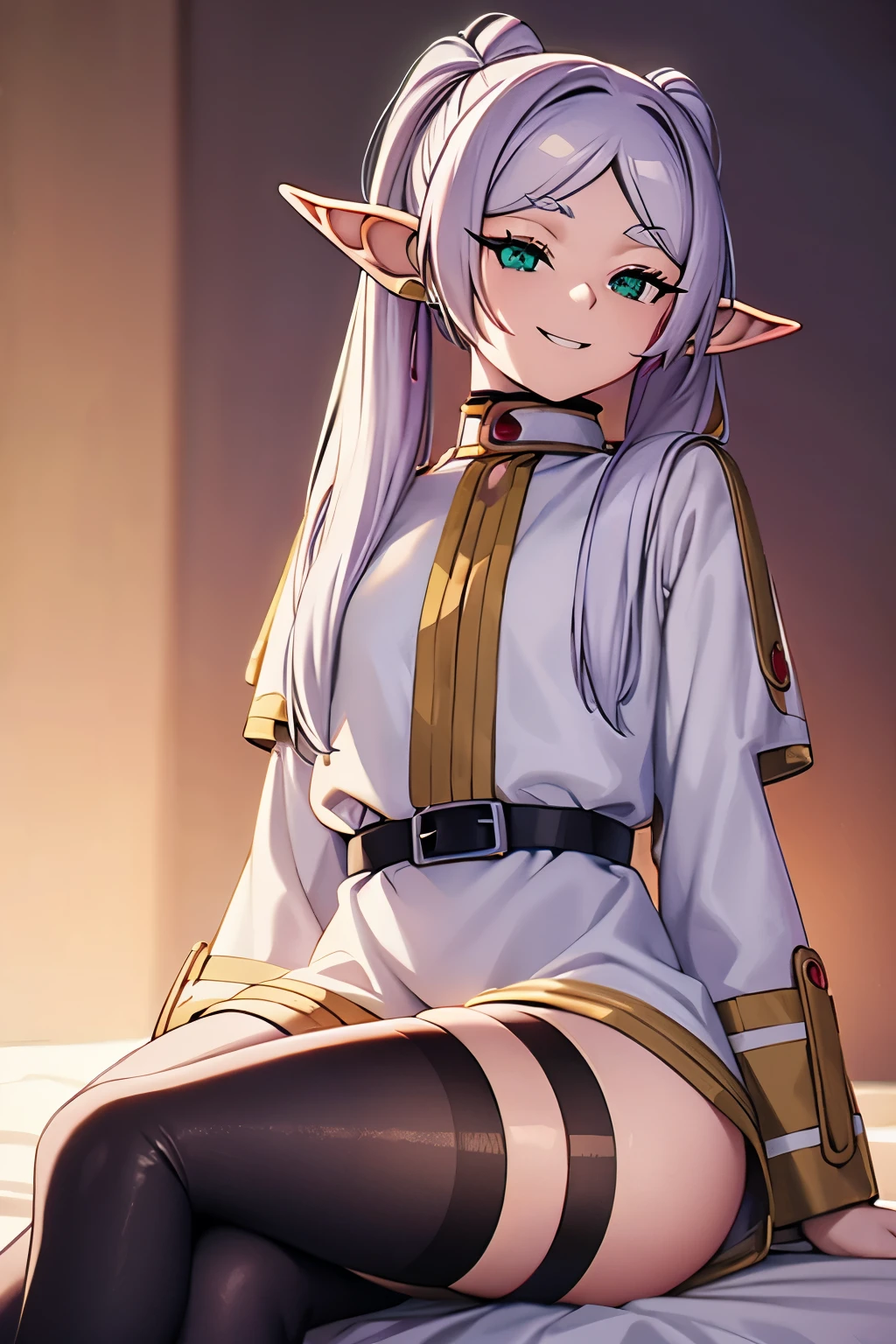 Cross-legged on the bed, with transparent white shirt, mischievous grin , elf ears , black stockings showing panties