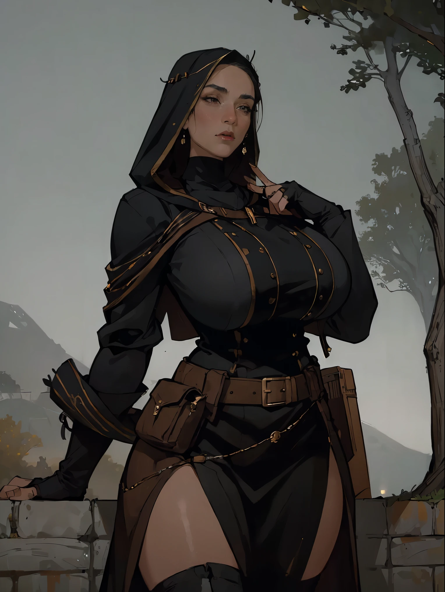 Gorgeous and sultry busty athletic (thin) brunette assassin with sharp facial features wearing a wide hood, black medieval tunic, long sleeves, skirts, trousers, boots, fingerless gloves, crown, modest attire, utility belt, (arm wraps), Middle Ages, castle, rampart, wall, exterior, on top of a castle wall, trees, countryside, nighttime, moonlight.