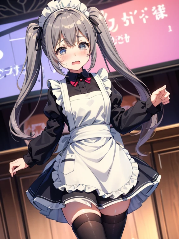 One ****************, 一人in, Western-style hall、Maid_Head ornament, Twin tails, length_hair, Looking_in_Audience, Maid_apron, Very short skirt、Light blue panties are visible、 Absolute area、broom, gray_eye, gray_hair, 前hair,BLUSH,Crying face、タレeye,涙eye、Mouth slightly open、Black Stockings