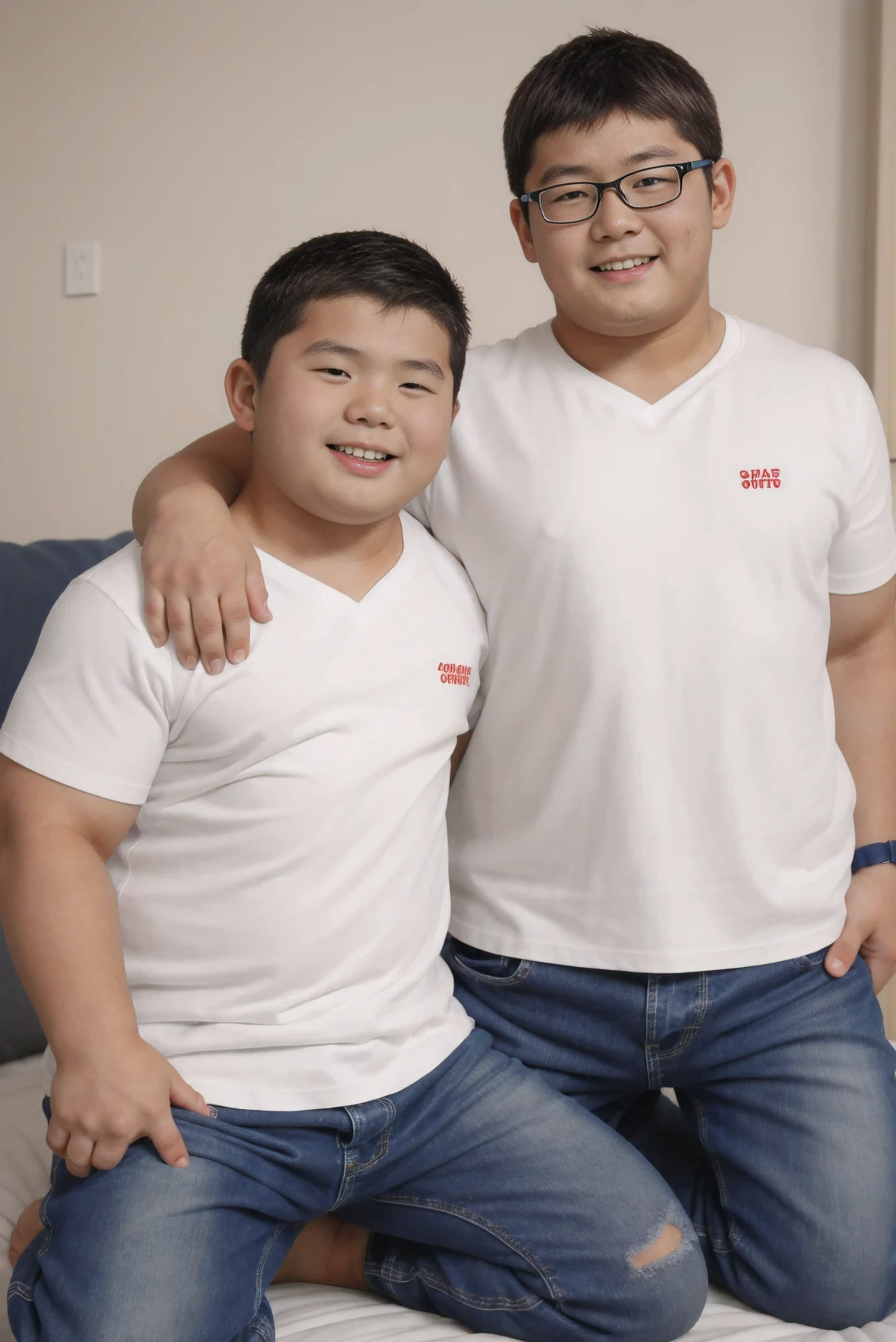 A 15 years old is little chubby Japanese boy 1, He is a Japanese little chubby boy, kneeling next to an another boy 2, He has his penis exposed, Hyper realistic, badly fitting white t shirt, stained jeans, ripped jeans, dark bedroom, medium geeky hair, nerdy hair, erotic humiliation, Anatomically correct, smirking of satisfaction, looking at me, They snuggle each other, They are Japanese baseball player, 