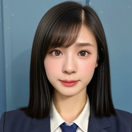 (kawaii 24 year-old Japanese girl, Nogizaka idol, Korean idol), (glossy black hair, short bob, hair length must be even and symmetric:1.3), (rounded face, single eyelid, no makeup, serious expression:1.2), (wearing suit jacket, collared shirt, necktie:1.3), (extra small breasts:0.9), (looking at viewer:1.2), BREAK, (simple blue background, yearbook background:1.3), (portrait, id photo, bust shot, view from vertically straight forward:1.3), (keep a margin on the top), BREAK, (masterpiece, best quality, photo realistic, official art:1.4), (UHD, 8K quality wallpaper, high resolution, raw photo, golden ratio:1.3), (shiny skin), professional lighting, physically based rendering, award winning, (highly detailed skin, extremely detailed face and eyes), Carl Zeiss 85 mm F/1.4, depth of field, 1girl, solo,