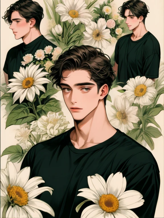 masterpiece, collage of man in casual clothes, flowers,