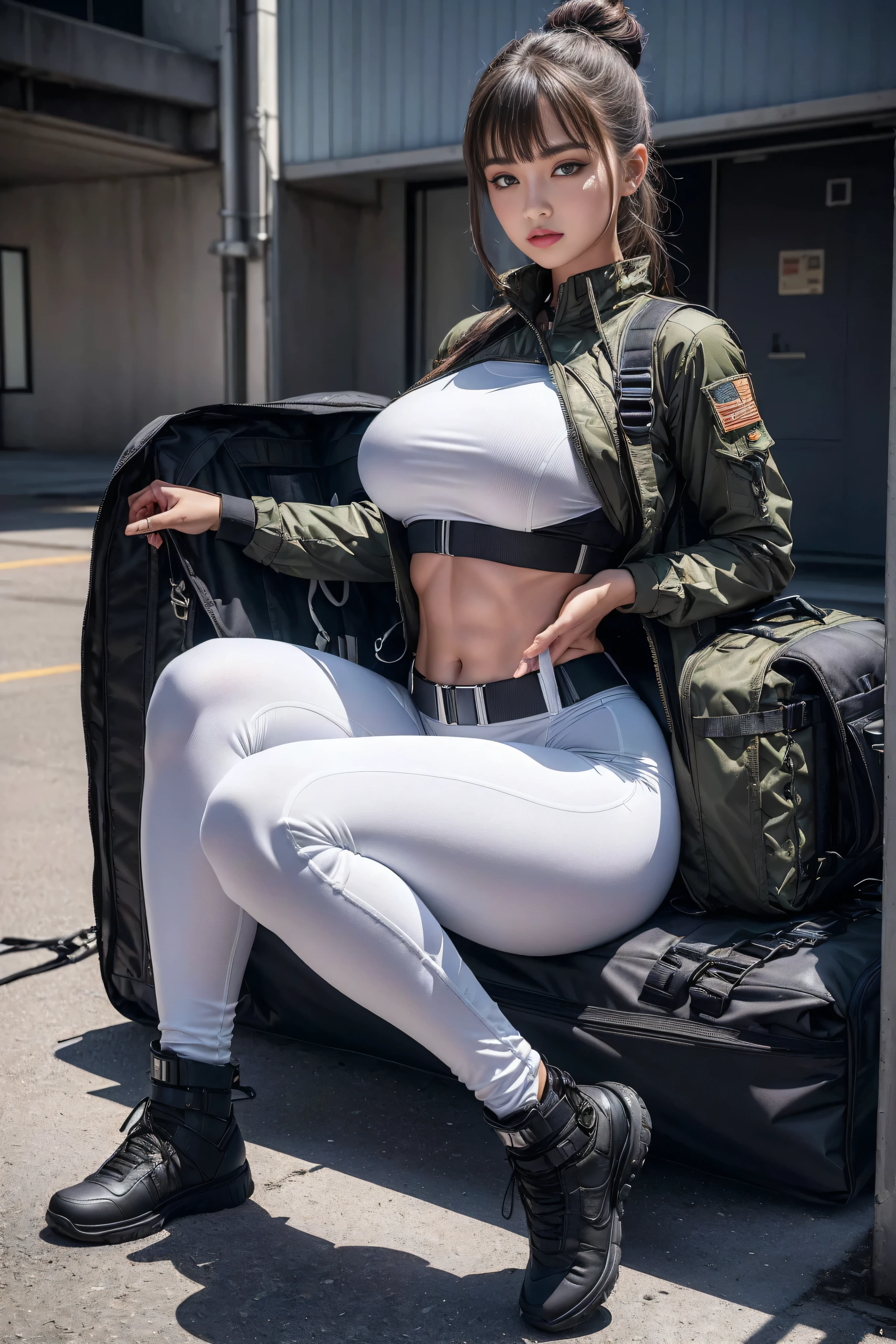 (Highest image quality, Outstanding details, Ultra-high resolution), 1 girl, put((A futuristic military uniform inspired by white yoga pants, Military wiring harness, Military Equipment，For example, military bag)), (Glamorous characters, Curvy body, Fitness, Tight abs), background(At military bases), (Dynamic poses)