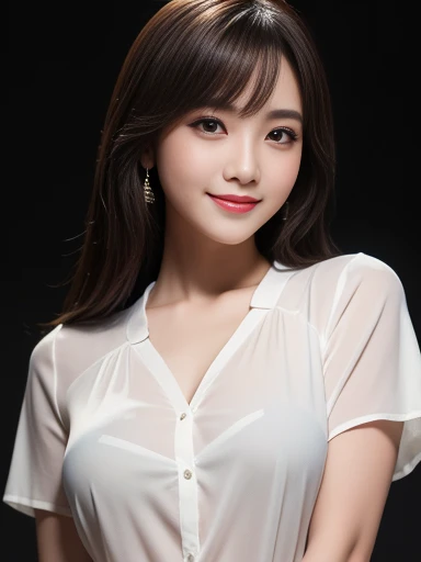 masterpiece, Highest quality, Very detailed, 複雑に詳細なSuper detailed, Realistic, Sharp features, Very detailed, Sharp focus, 17 years old, Perfect Face, Perfect Face, Perfect symmetrical perfect eyes, Perfect Plump Lips, Flexible female form, Cinematic, Film Light, Super detailed, hyper Realistic, High resolution, Vibrant, Dynamic Studio Lighting, ((Dark Background)), (Captivating smile), Medium Hair, Straight bangs, Brown eyes, White blouse, Cowboy Shot,