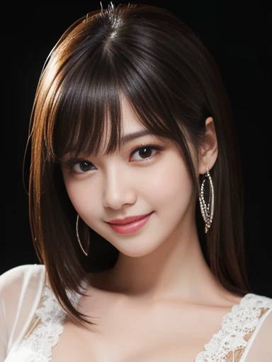masterpiece, Highest quality, Very detailed, 複雑に詳細なSuper detailed, Realistic, Sharp features, Very detailed, Sharp focus, s old, Perfect Face, Perfect Face, Perfect symmetrical perfect eyes, Perfect Plump Lips, Flexible female form, Cinematic, Film Light, Super detailed, hyper Realistic, High resolution, Vibrant, Dynamic Studio Lighting, ((Dark Background)), (Captivating smile), Medium Hair, Straight bangs, Brown eyes, White blouse, Cowboy Shot,
