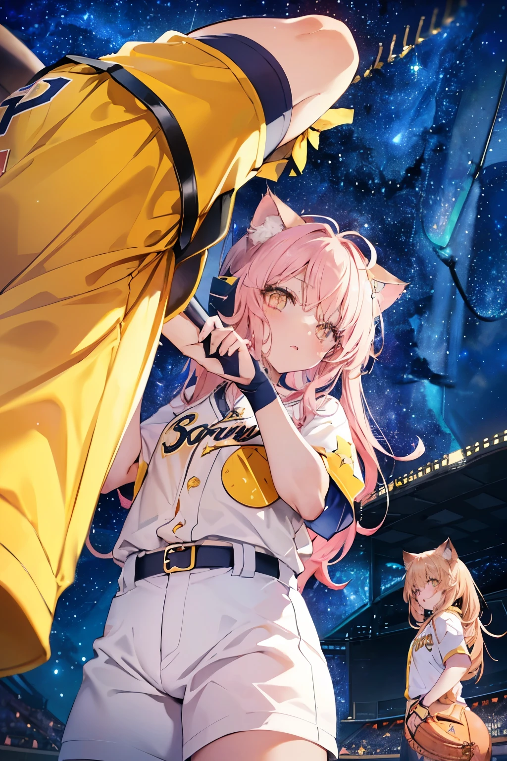 Three Girls, Long Hair, High resolution, Blushing, Open your mouth, (Cat ears:1.3), Pink eyes, (Baseball uniform:1.3), (Yellow helmet:1.3),(Playing Baseball:1.5),
(Starry Sky:1.6),Masterpiece, (From below:1.4)
