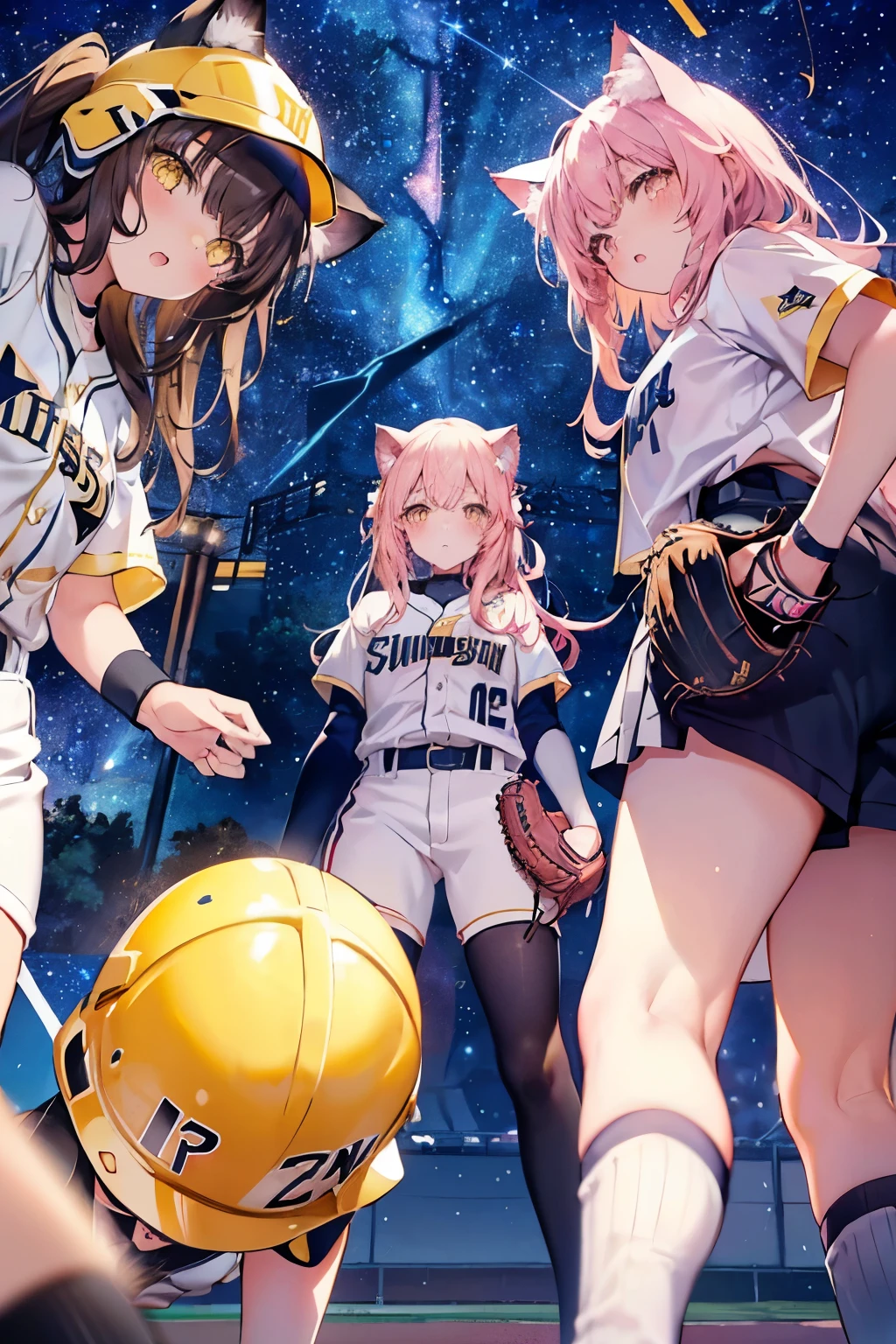 Three Girls, Long Hair, High resolution, Blushing, Open your mouth, (Cat ears:1.3), Pink eyes, (Baseball uniform:1.3), (Yellow helmet:1.3),(Playing Baseball:1.5),
(Starry Sky:1.6),Masterpiece, (From below:1.4)