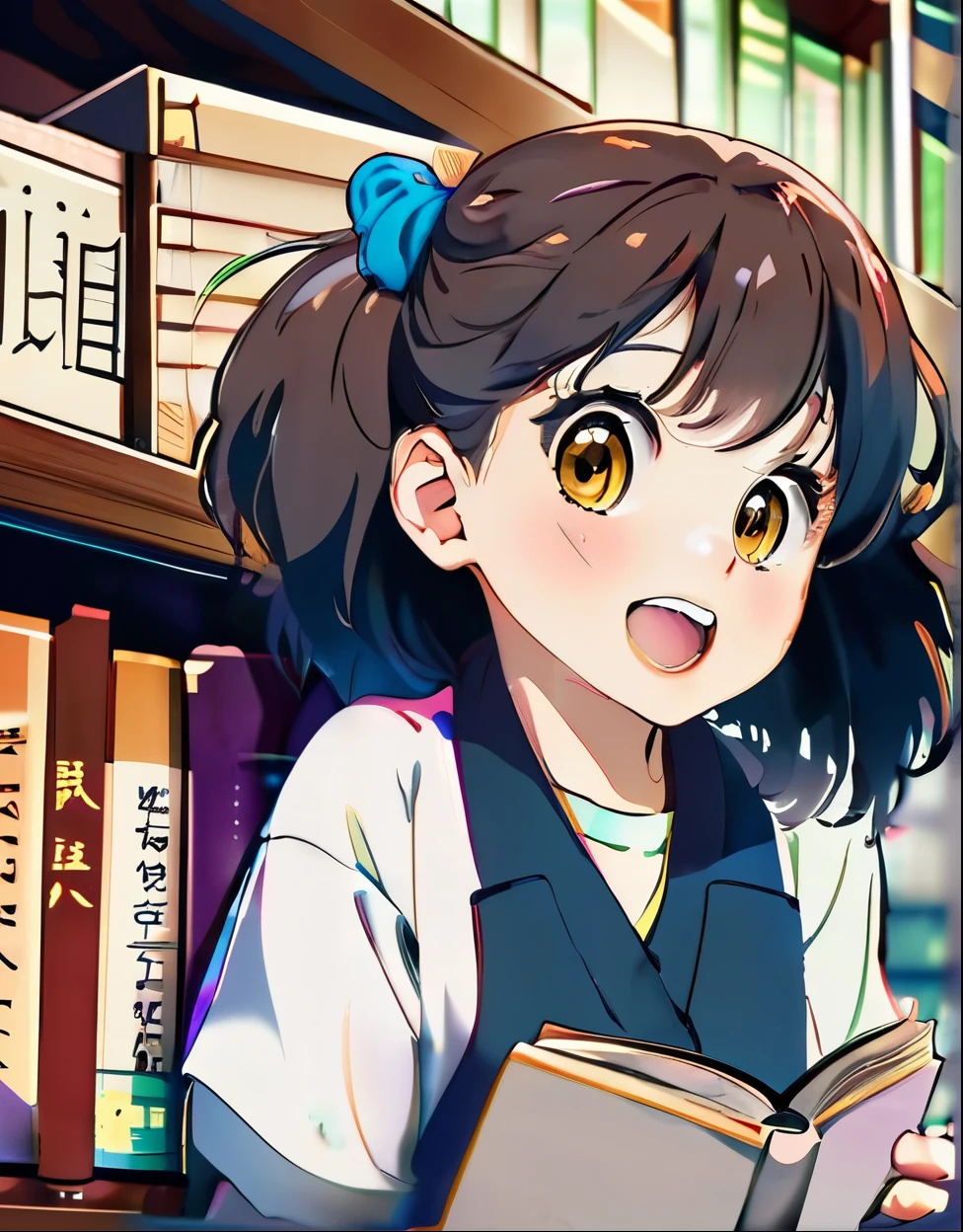 A cute girl who loves science。Big Eyes、Physics and Mathematics、With a mischievous smile、Her slightly messy hair is adorable。In the background, there are bookshelves and laboratory equipment.、It creates an intellectual and curious atmosphere.。Sticking out his tongue。One girl, Open your mouth a little, Highest quality, masterpiece, Sticking out tongue, High resolution, 