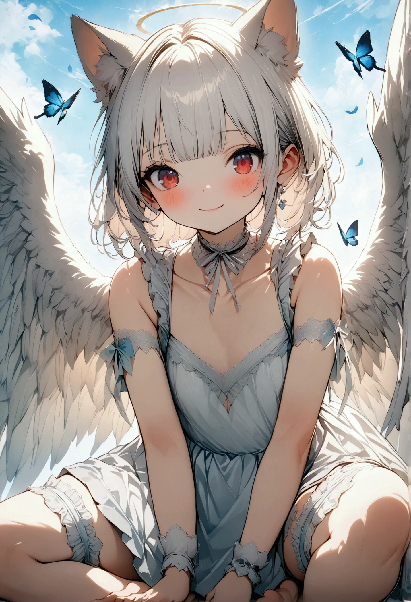 cute ****, cat girl, spread legs, white hair, white dress, red eyes, bare feet, bare legs, feathered wings, angel, innocent, thigh strap, feathers, blue butterflies, thigh bands, elegant, (best quality,4k,8k,highres,masterpiece:1.2),ultra-detailed,delicate, ethereal, serene, whimsical, soft lighting, pastel colors,wariza,bridal garter, dreamlike, fantasy,heaven,halter dress,looking at viewer,bare_shoulders , frilled dress,collarbone,arm ribbon,garland for decoration,ankle_lace-up,wristband,blush,choker,(foot up,foot focus,kickflip,feet towards viewer),(whole body)