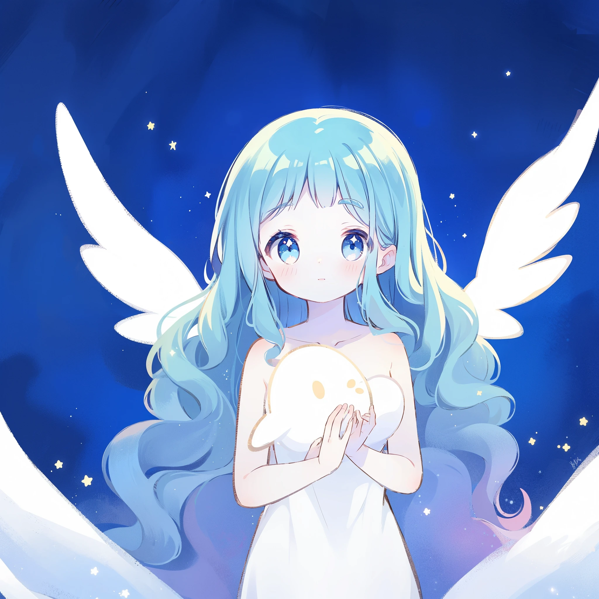 nude angel girl wearing an ethereal translucent dress, pale skin, ((blue mint wavy hair)), white feathers, angel wings, sparkling detailed eyes, golden ratio face, perfect composition, highly detailed, ethereal, (starry night sky background), midjourney style