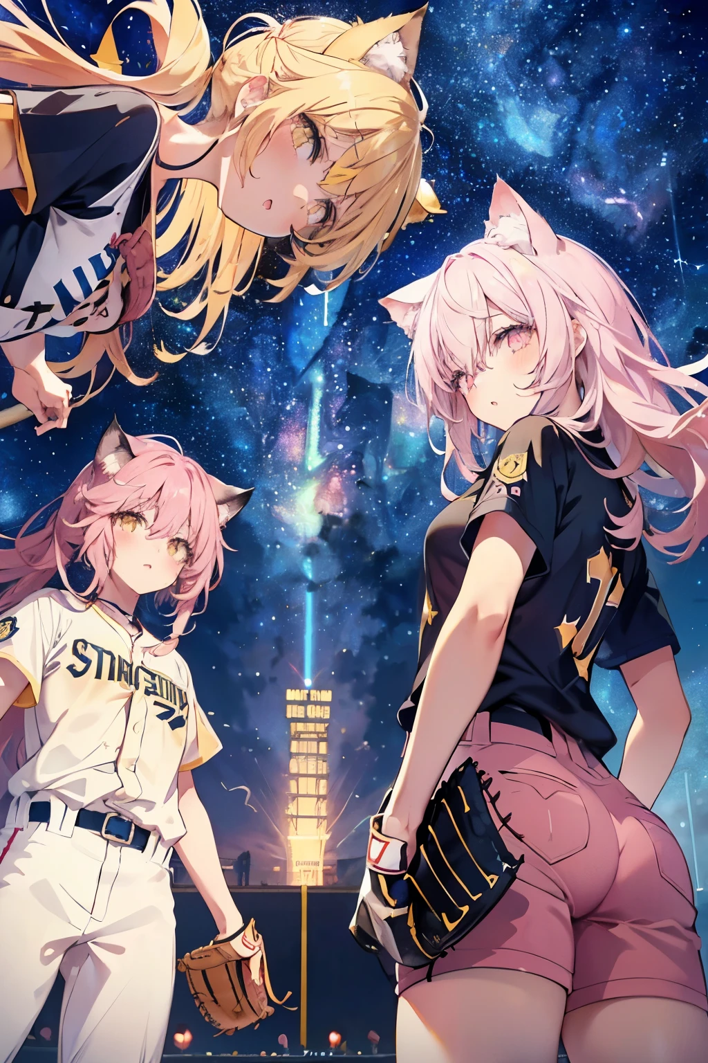 Three Girls, Long Hair, High resolution, Blushing, Open your mouth, (Cat ears:1.3), Pink eyes, (Baseball uniform:1.3), (Yellow helmet:1.3),(Playing Baseball:1.5),
(Starry Sky:1.6),Masterpiece, (From below:1.4)