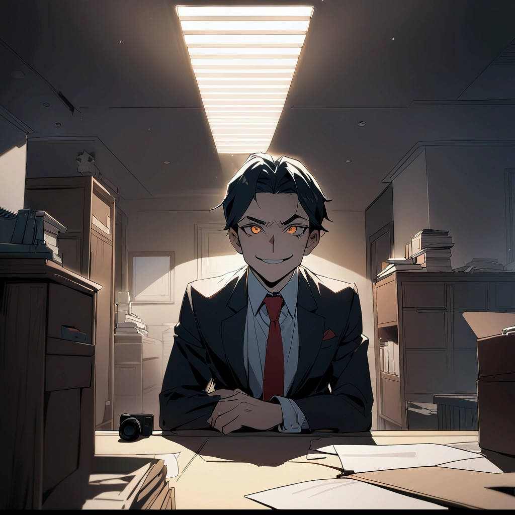 Masterpiece:1.1,Highest quality,8k,2D Animation,lawyer office,1boy,a lawyer is talking enthusiastically,evil smile,Bright fluorescent lighting inside the office,looking at viewer, The camera is diagonally above,