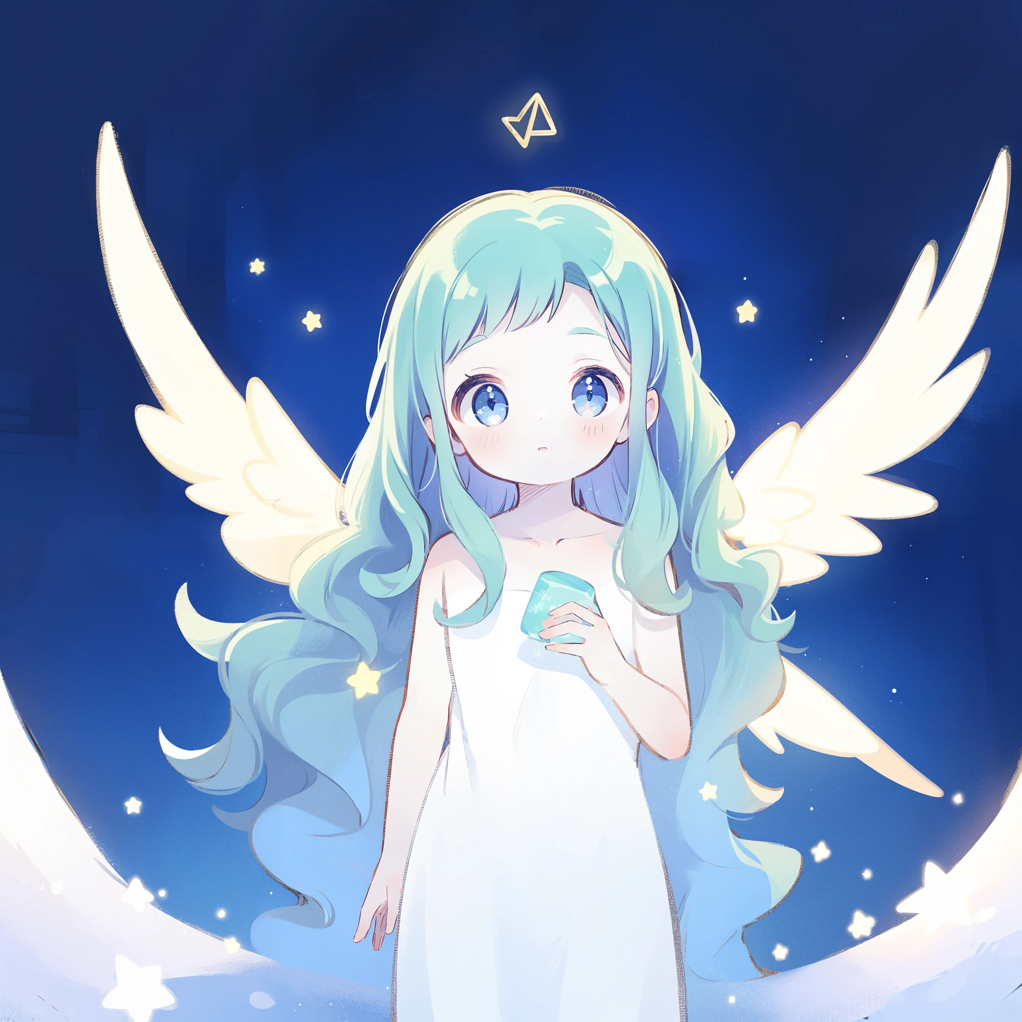 nude angel girl wearing an ethereal translucent dress, pale skin, ((blue mint wavy hair)), white feathers, angel wings, sparkling detailed eyes, golden ratio face, perfect composition, highly detailed, ethereal, (starry night sky background), midjourney style