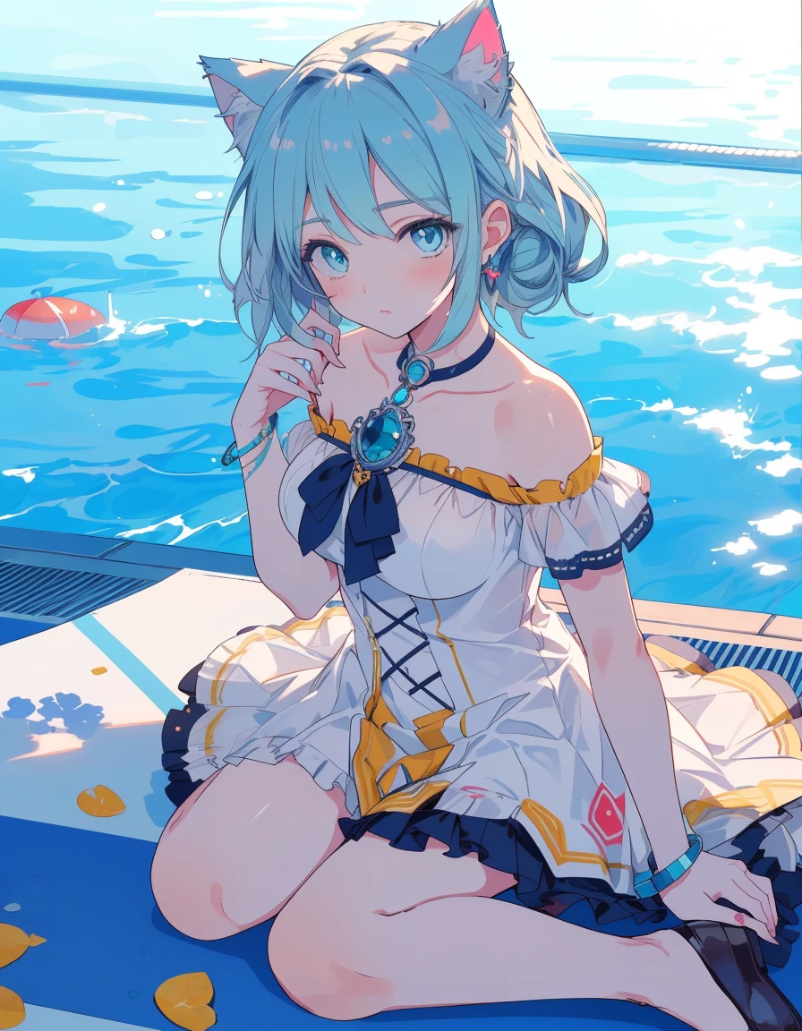 sitting on the poolside, wariza, front-tie top, sunshine, sunny day, summer, blue, ((masterpiece, best quality:1.5)), ((Beautiful detailed cat aqua eyes:1.2)), cat ears, pale skin, medium breasts, beautiful hands, beautiful fingers, EasyNegative