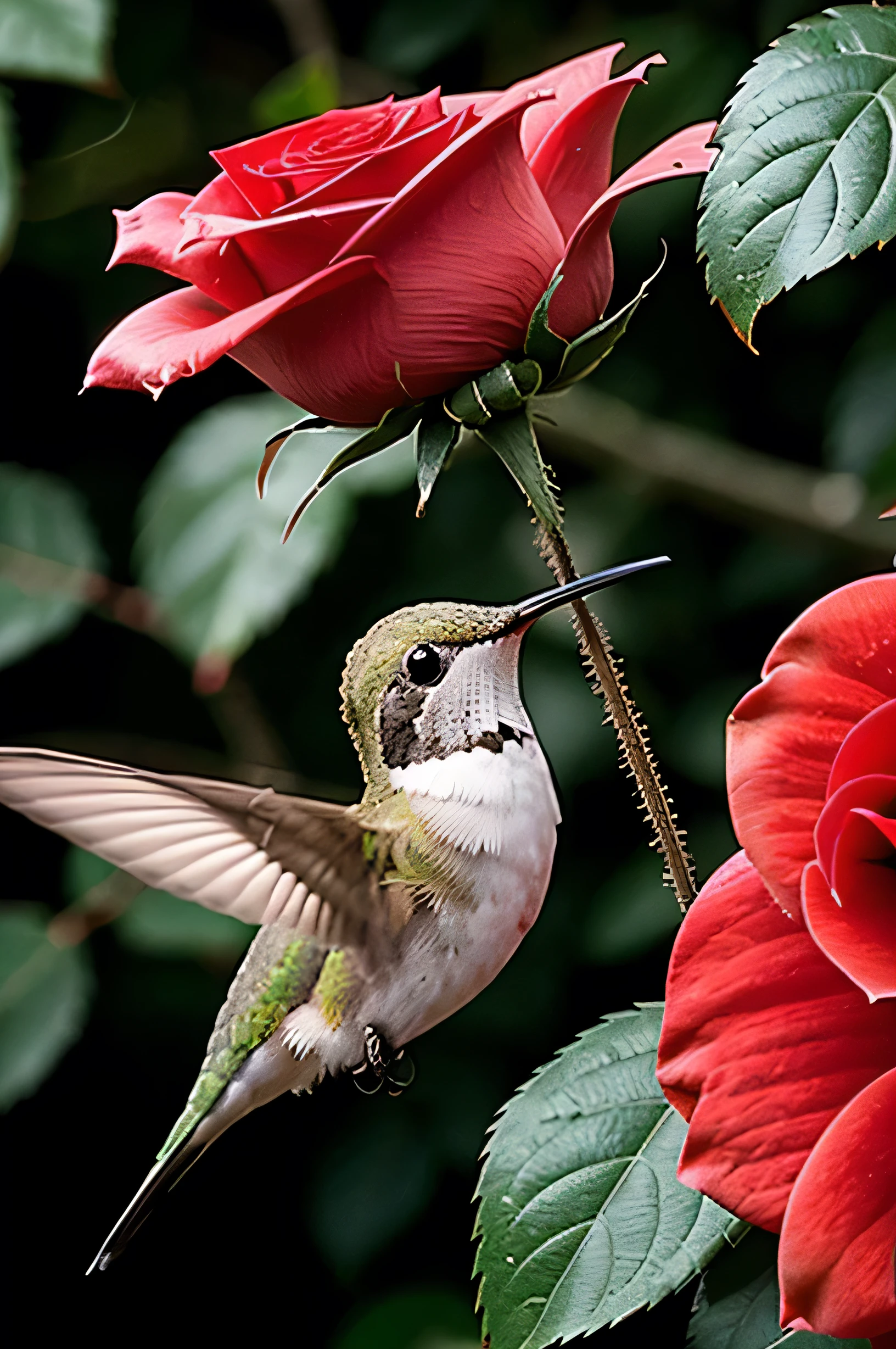 Picture of a hummingbird perched on a red rose.