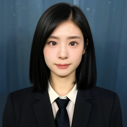 (kawaii 24 year-old Japanese girl, Nogizaka idol, Korean idol), (glossy black hair, short bob, hair length must be even and symmetric:1.3), (rounded face, single eyelid, no makeup, serious expression:1.2), (wearing suit jacket, collared shirt, necktie:1.3), (extra small breasts:0.9), (looking at viewer:1.2), BREAK, (simple blue background, yearbook background:1.3), (portrait, id photo, bust shot, view from vertically straight forward:1.3), (keep a margin on the top), BREAK, (masterpiece, best quality, photo realistic, official art:1.4), (UHD, 8K quality wallpaper, high resolution, raw photo, golden ratio:1.3), (shiny skin), professional lighting, physically based rendering, award winning, (highly detailed skin, extremely detailed face and eyes), Carl Zeiss 85 mm F/1.4, depth of field, 1girl, solo,