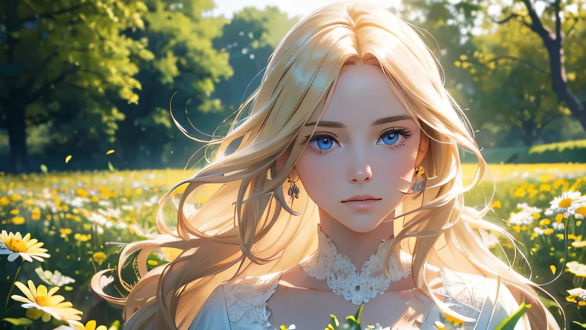 A beautiful young girl in a flower garden, looking directly at the viewer, with bright blue eyes, golden blonde hair, daisies, long flowing hair, wearing a pristine white dress, (best quality,4k,8k,highres,masterpiece:1.2),ultra-detailed,(realistic,photorealistic,photo-realistic:1.37),intricate details,highly detailed face and features,striking portrait,glowing natural lighting,vibrant colors,serene atmosphere,stunning beauty