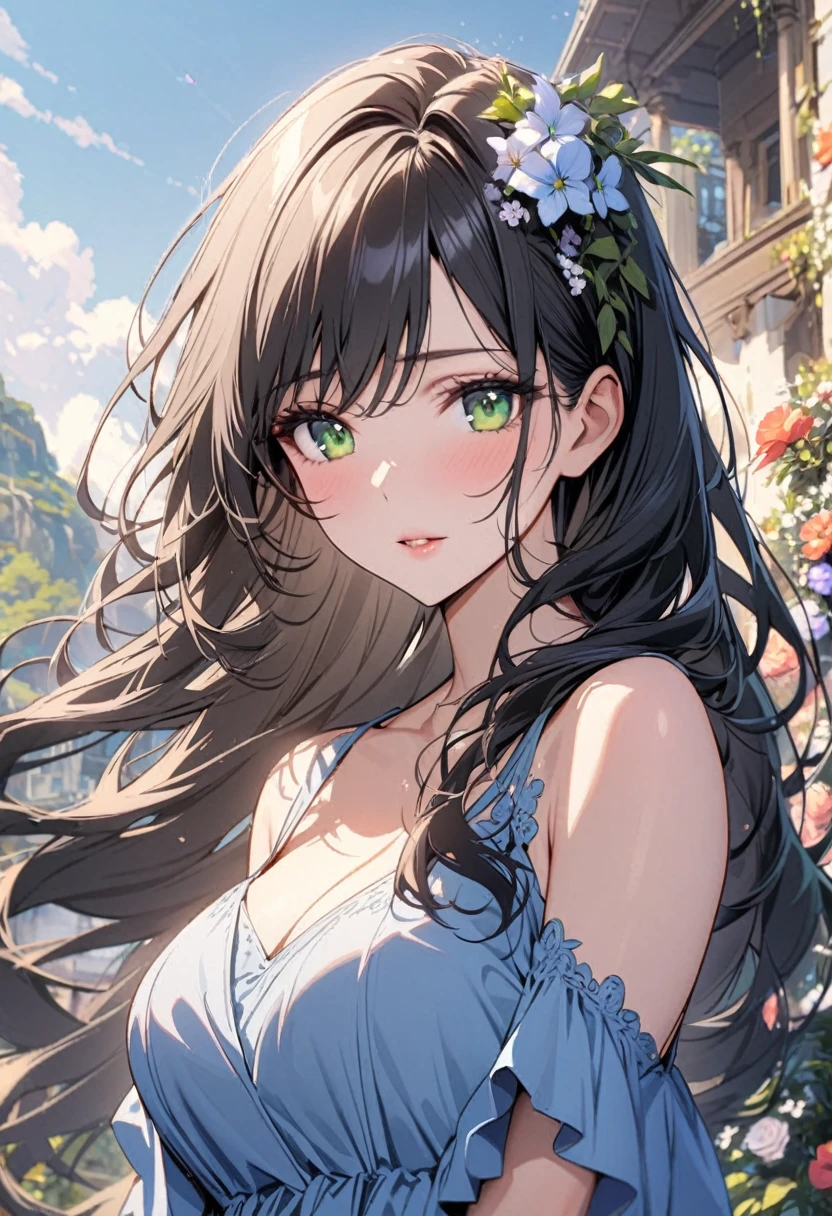 girl, beautifull, pretty, long hair, mature, beautiful blue dress, black hair, green eyes, super detail, flower on hair, gorgeous, beautiful backround, angel