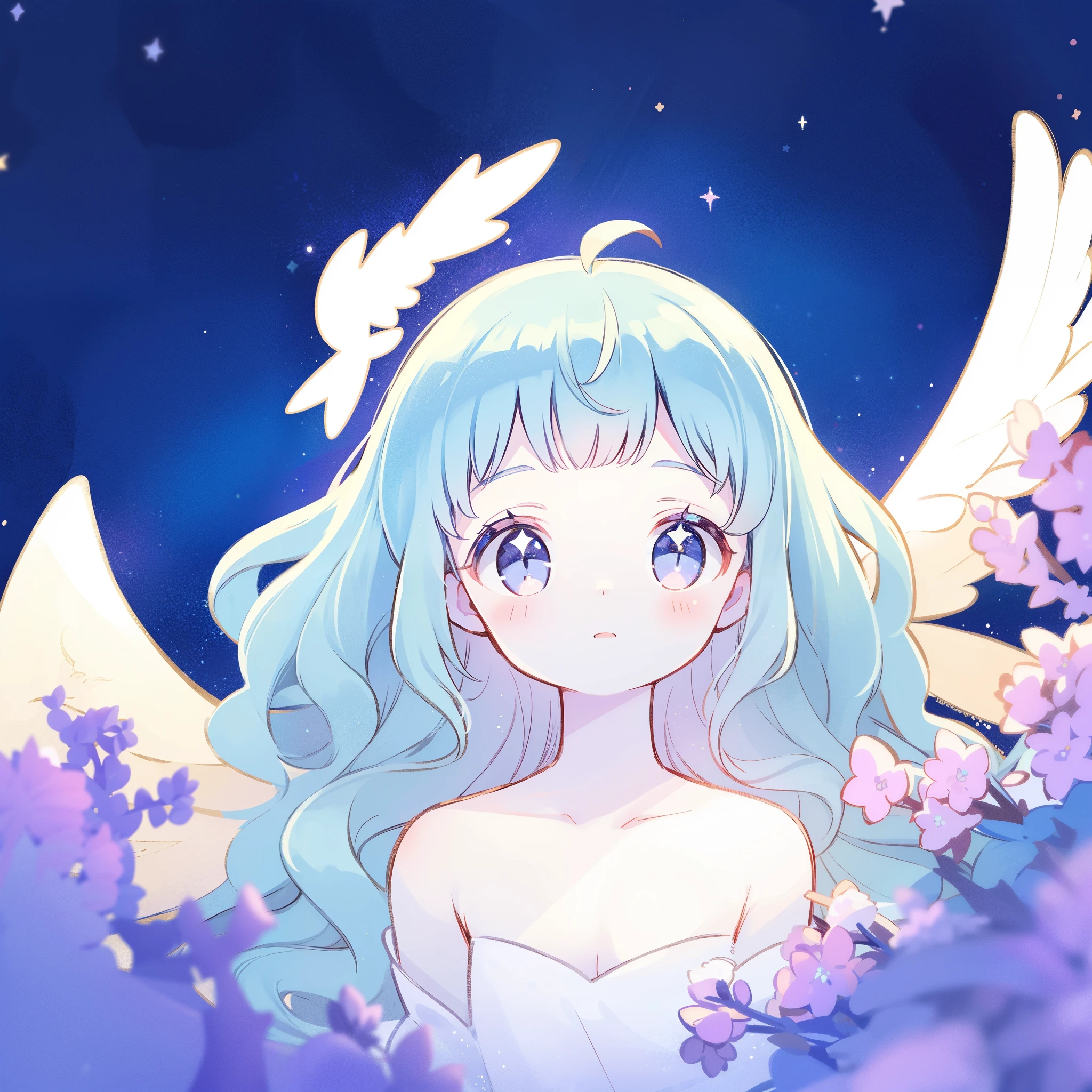 nude angel girl wearing an ethereal translucent dress, pale skin, ((wavy blue lilac hair)), white feathers, angel wings, sparkling detailed eyes, golden ratio face, perfect composition, highly detailed, ethereal, (starry night sky background), midjourney style