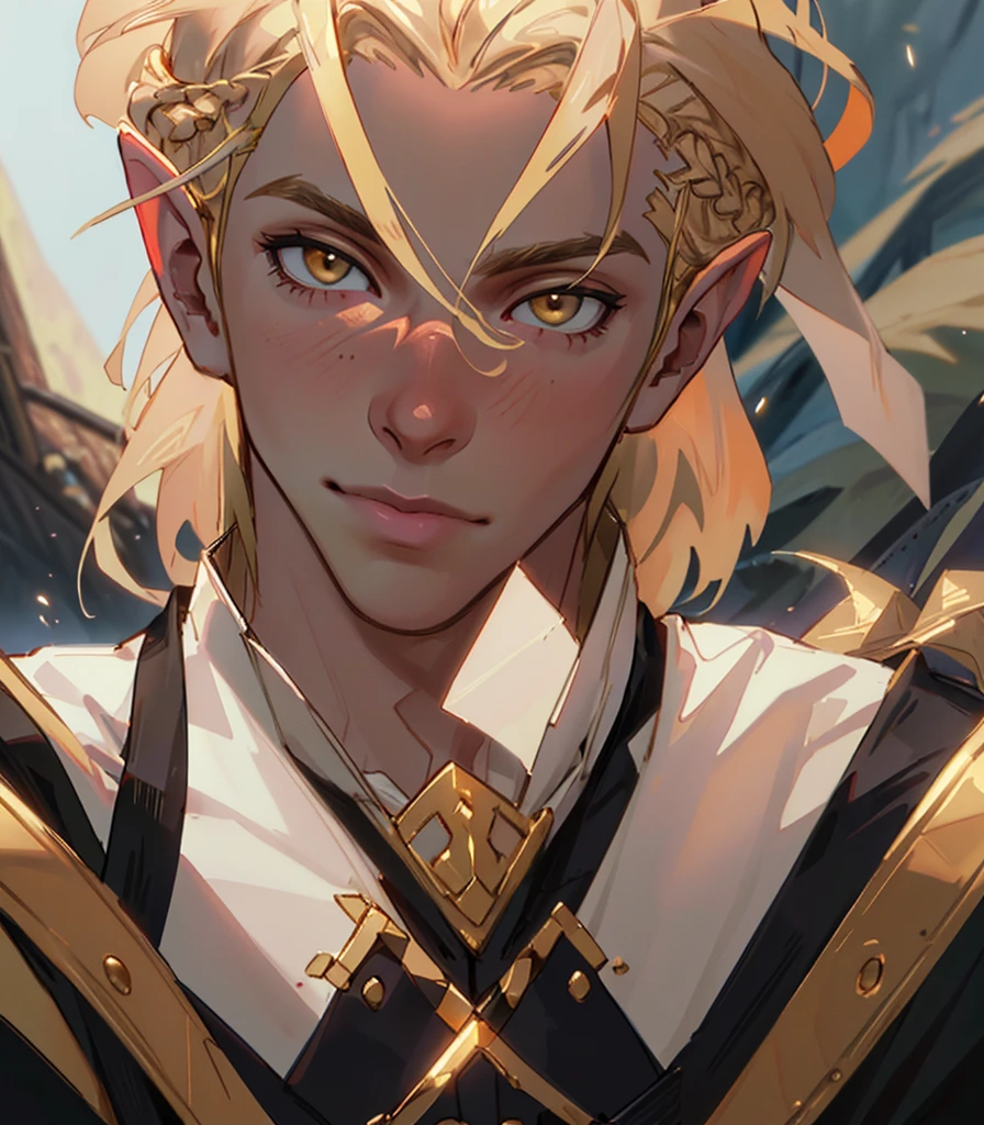 (Highest quality, masterpiece, Very detailedな, Very detailed, Exquisite, 16K,Full HD),No text,Golden Hair,zevran,male