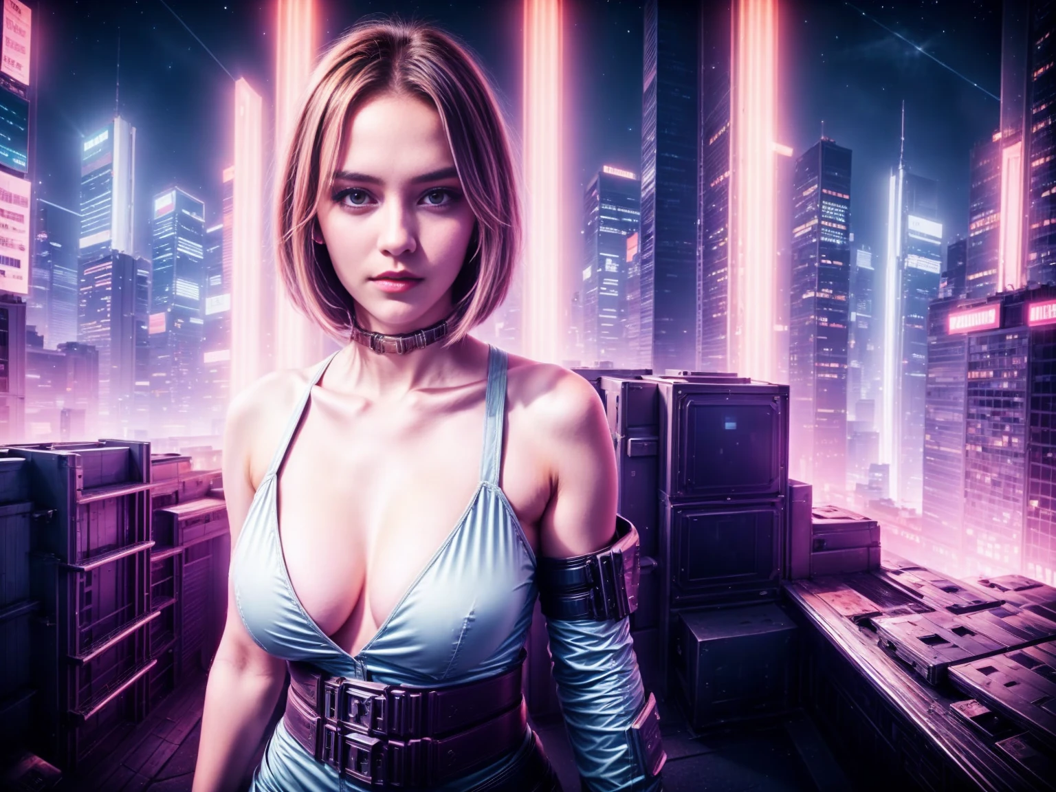 A beautiful European girl, on the roof of cyberpunk building