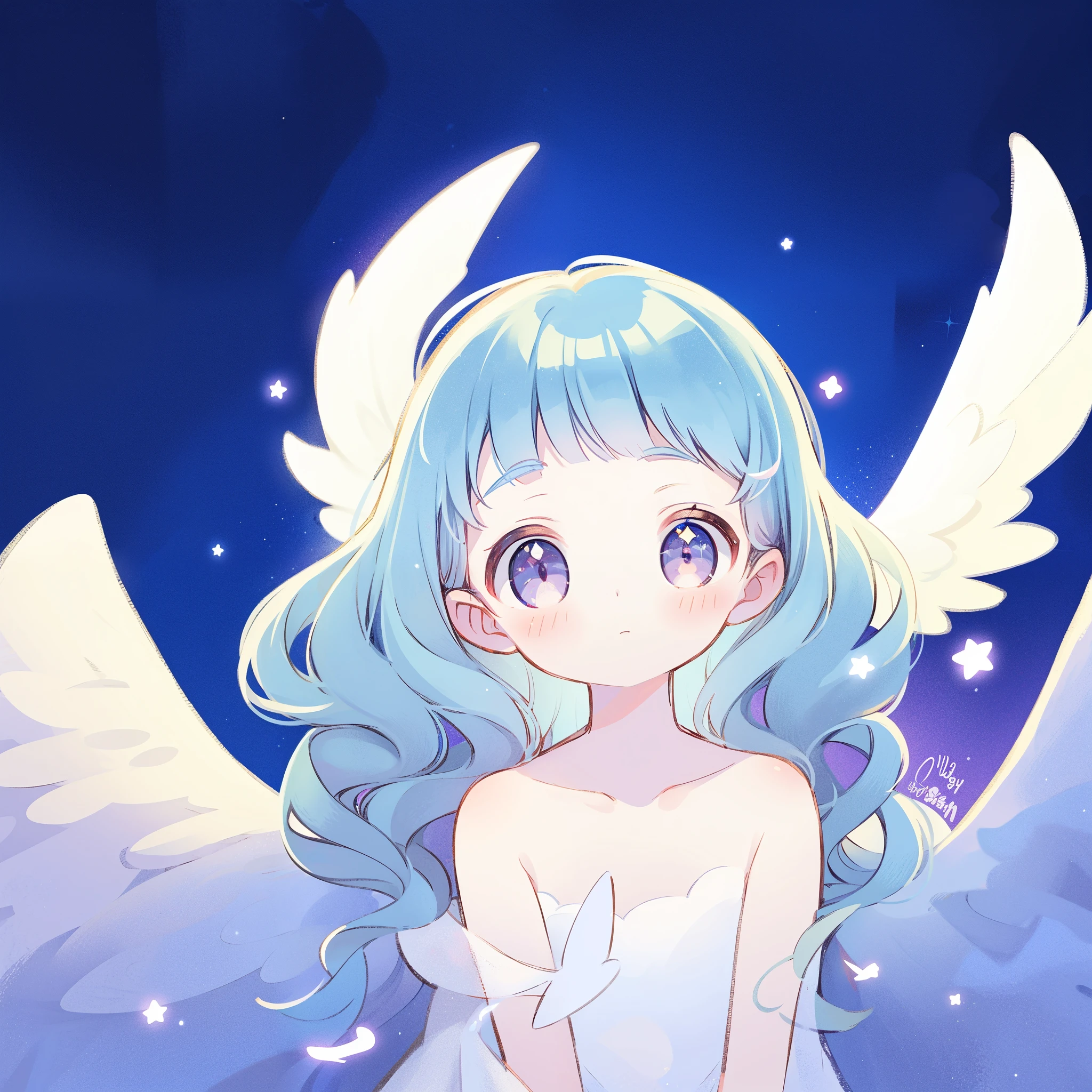 nude angel girl wearing an ethereal translucent dress, pale skin, ((wavy blue lilac hair)), white feathers, angel wings, sparkling detailed eyes, golden ratio face, perfect composition, highly detailed, ethereal, (starry night sky background), midjourney style
