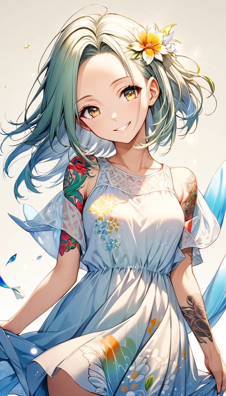 neat and pretty young lady, straight hair, forehead, make-up, smile, loose summer dress, arms are covered in tattoos, 2.5D, delicate and dynamic, shading, contrast magic, beautiful colors effects