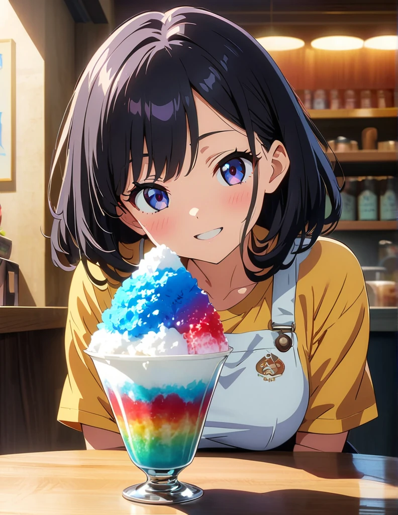 (anime artwork, anime style, studio anime, very detailed, up to date, vibrant, Anime Coloring, high contrast, masterpiece:1.2, best quality, best aesthetics),1 girl,Best quality,light smile,{{incoming_shaved ice}}, {{feeding}}, holding_spoon, foreshortening,{{blurry_foreground}}, blush, open mouth, head_tilt, upper_body, parfait on the table, table, looking at viewer, pov, perfect anatomy, speech bubble,cafe,