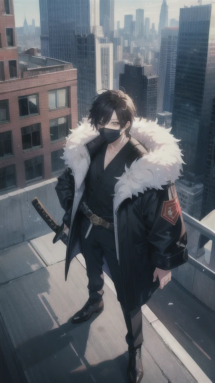 a man in a mask, and fur coat, blackw , and holding a katana, on top of a building overlooking the city