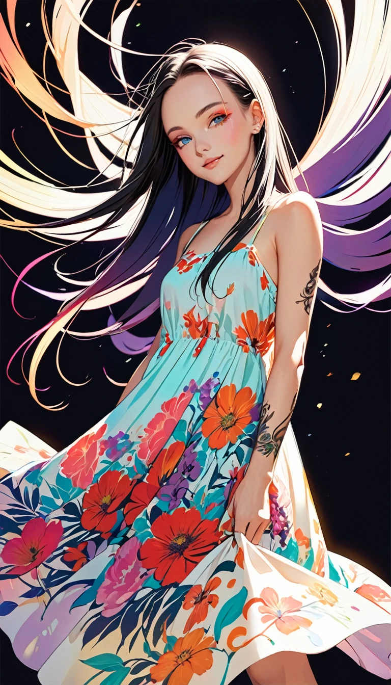 neat and pretty young lady, straight hair, forehead, make-up, smile, loose summer dress, arms are covered in tattoos, 2.5D, delicate and dynamic, shading, contrast magic, beautiful colors effects