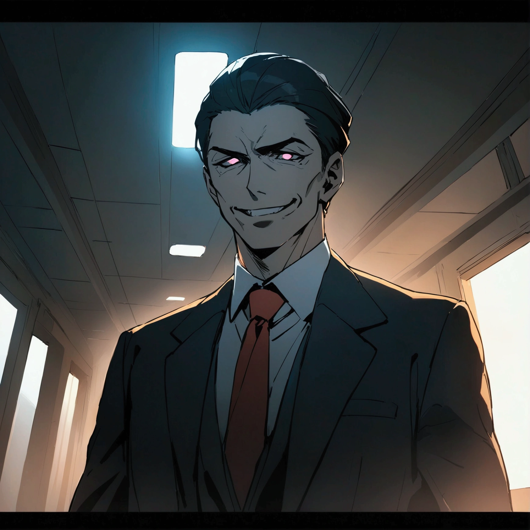 Masterpiece:1.1,Highest quality,8k,2D Animation,lawyer court,1boy,a lawyer is talking enthusiastically,evil smile,Bright fluorescent lighting,looking at viewer, The camera is diagonally above,