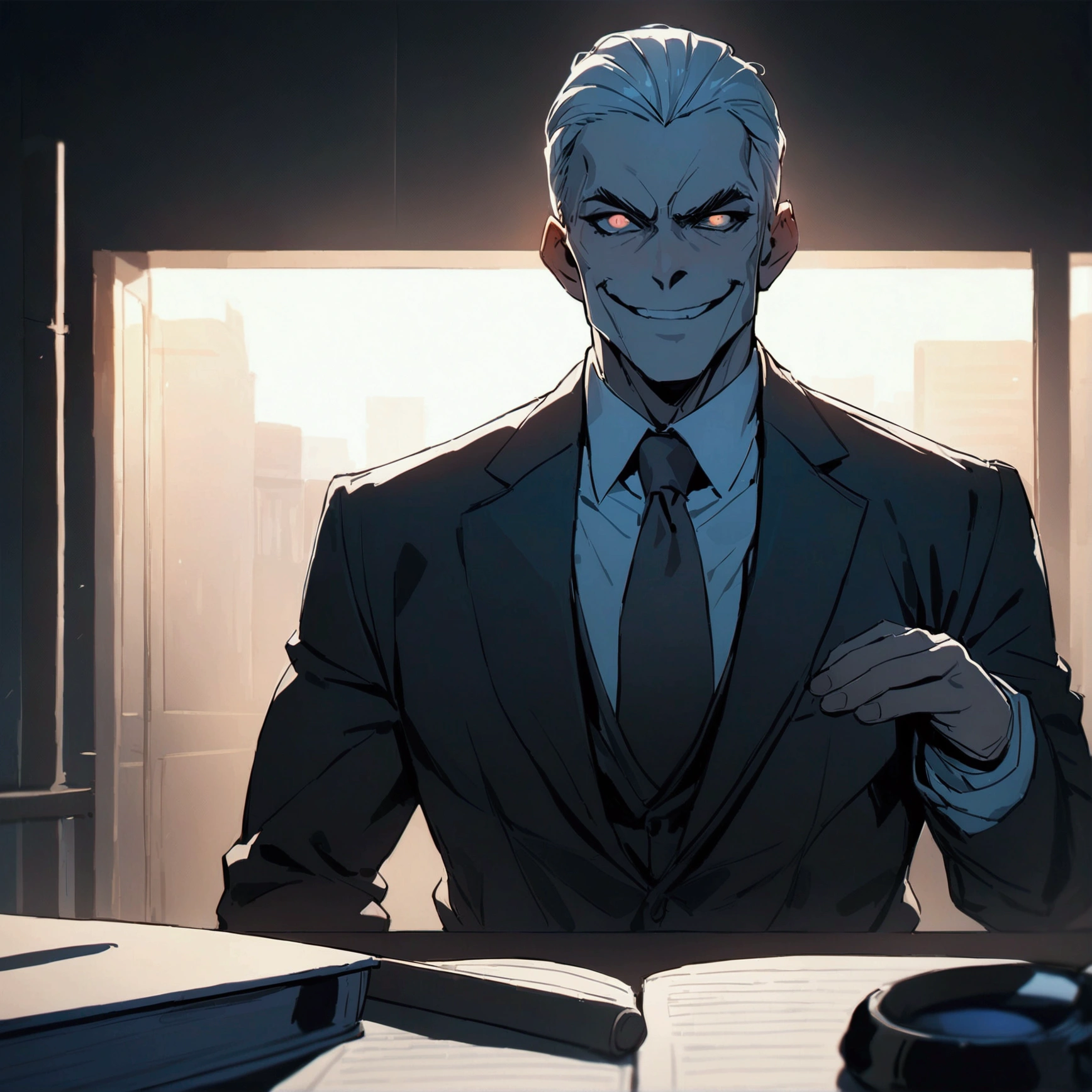 Masterpiece:1.1,Highest quality,8k,2D Animation,lawyer court,1boy,a lawyer is talking enthusiastically,evil smile,Bright fluorescent lighting,looking at viewer, The camera is diagonally above,