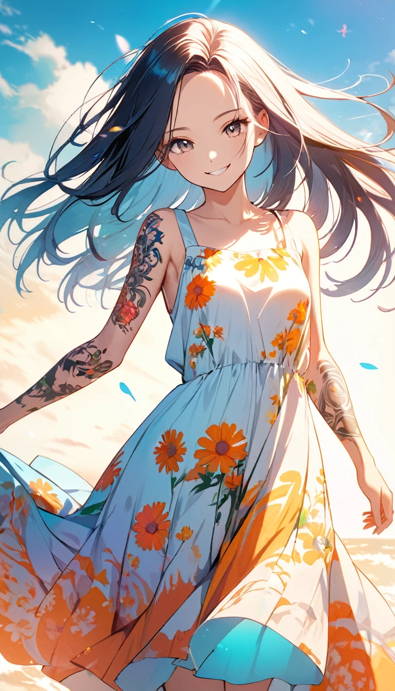 neat and pretty young lady, straight hair, forehead, make-up, smile, loose summer dress, arms are covered in tattoos, 2.5D, delicate and dynamic, shading, contrast magic, beautiful colors effects