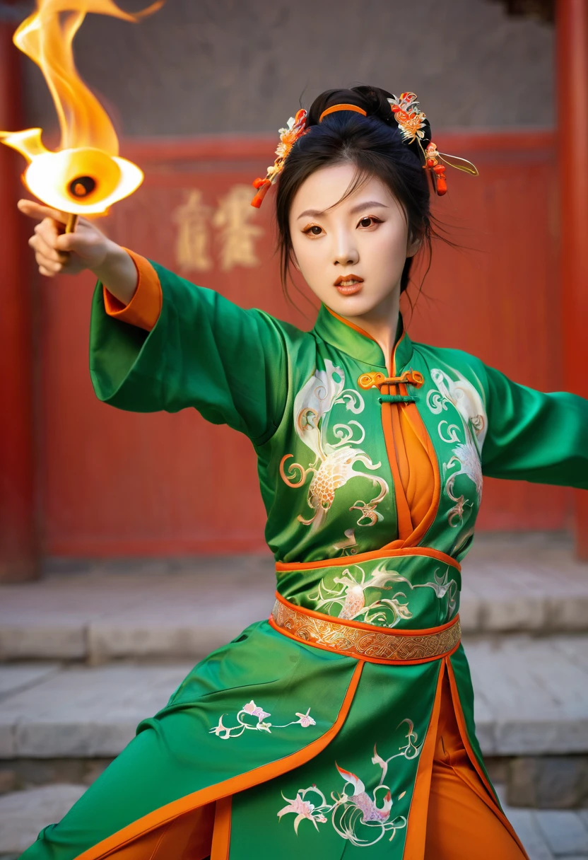 Fisheye lens with flame background, Chinese girl sword dancing, Wearing Tang suit, one person, Upward Light, Ray Tracing, Rim Light, Glow Effect, Exaggerated movements, Exaggerated perspective, orange, green, Realistic ultra-fine rendering style, Super Detail, Blender, Octave End