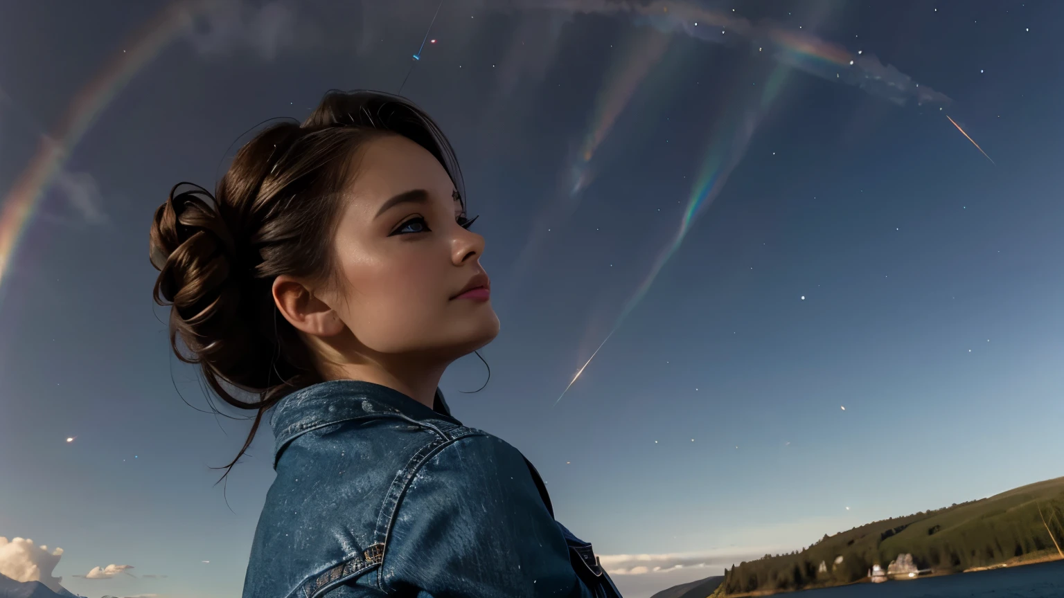 melissa sue anderson, 30 years old, denim jacket, leather skirt, bun hairstyle, another world in the sky, hands behind the back, lake background, shooting star, watching the camera, closeup, close-up, iridescent clouds, sun on the horizon, BREAK
fire rainbow, Circumhorizontal Arc, BREAK