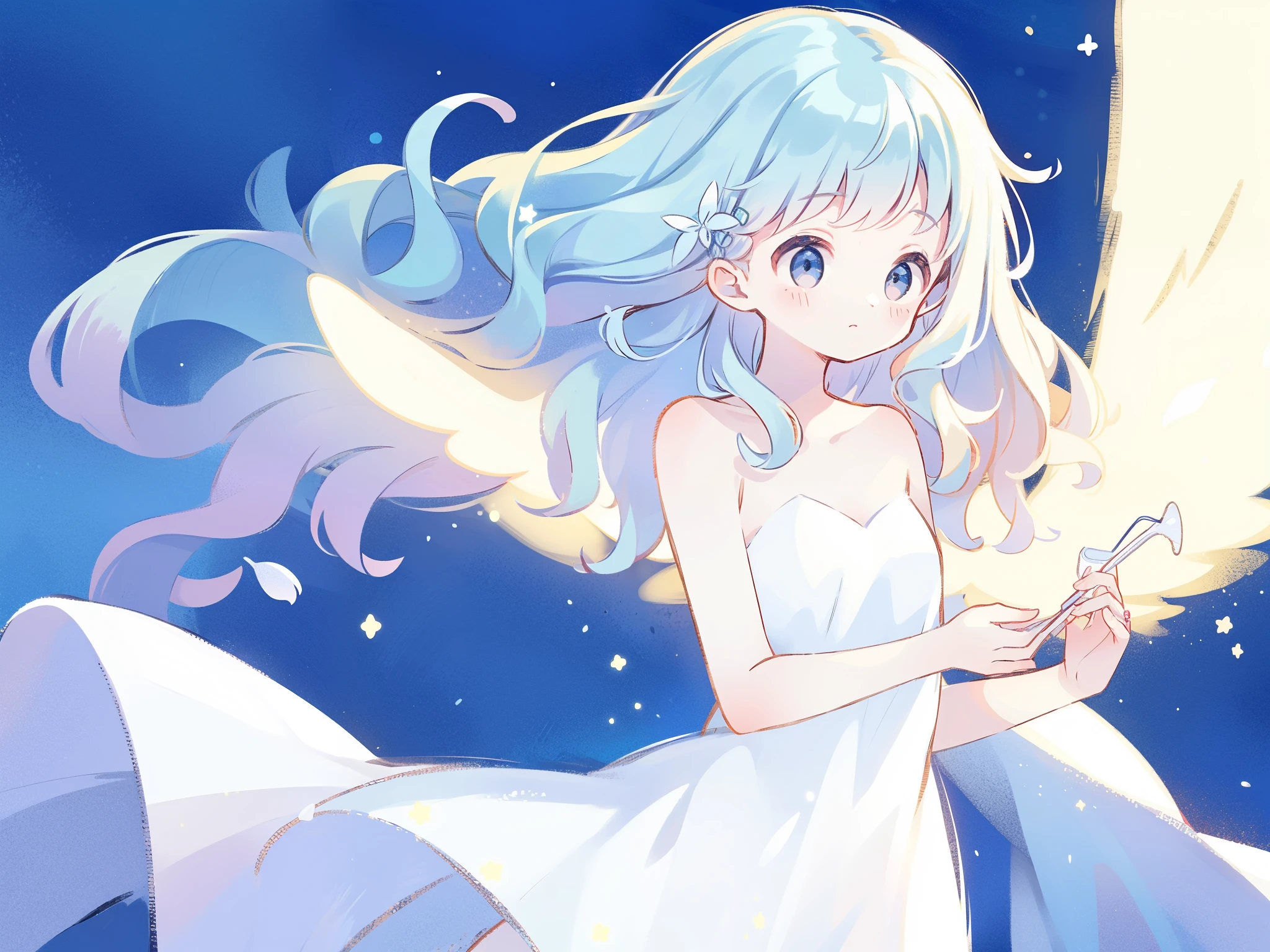 nude angel girl wearing an ethereal translucent dress, pale skin, ((blue mint wavy hair)), white feathers, angel wings, perfect composition, highly detailed, ethereal, (starry night sky background), midjourney style