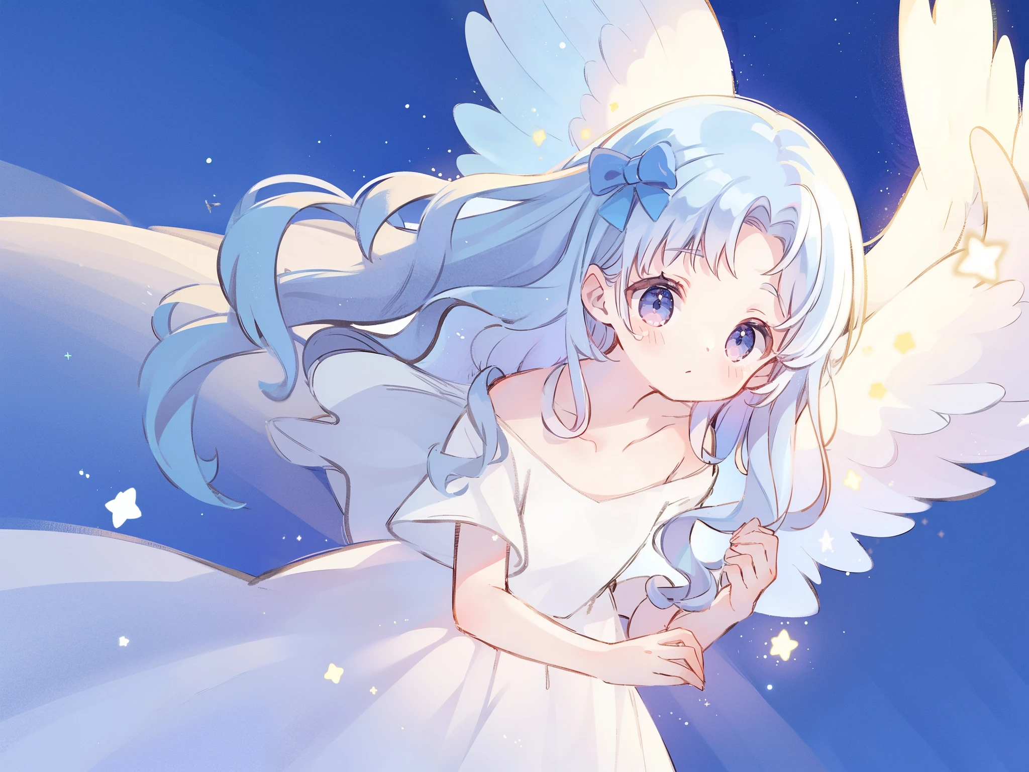 nude angel girl wearing an ethereal translucent dress, pale skin, ((blue mint wavy hair)), white feathers, angel wings, perfect composition, highly detailed, ethereal, (starry night sky background), midjourney style