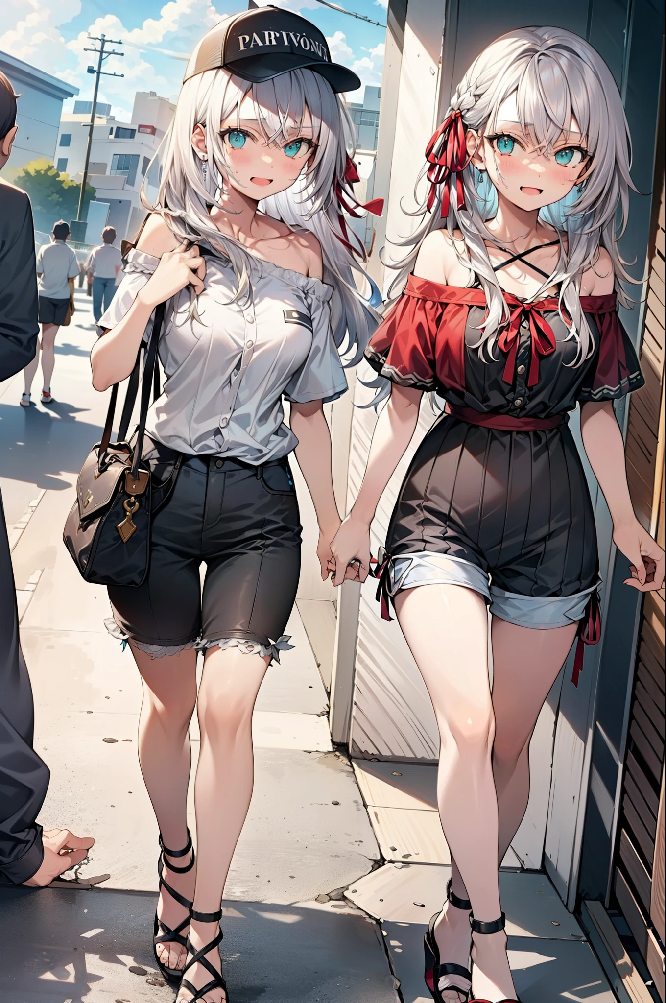  Alisa Mikhailovna Kujo,Hair between the eyes, Aqua Eye, Gray Hair, Long Hair, ribbon, hair ribbon, Oversized one-shoulder shirt,Short sleeve,Shorts,Heeled Sandals,Baseball cap,walk,happy smile, smile, Open your mouth,whole bodyがイラストに入るように,Daytime,sunny,
break outdoors, construction area,
break looking at viewer, whole body,
break (masterpiece:1.2), Highest quality, High resolution, unity 8k wallpaper, (shape:0.8), (Beautiful attention to detail:1.6), Highly detailed face, Perfect lighting, Extremely detailed CG, (Perfect hands, Perfect Anatomy),