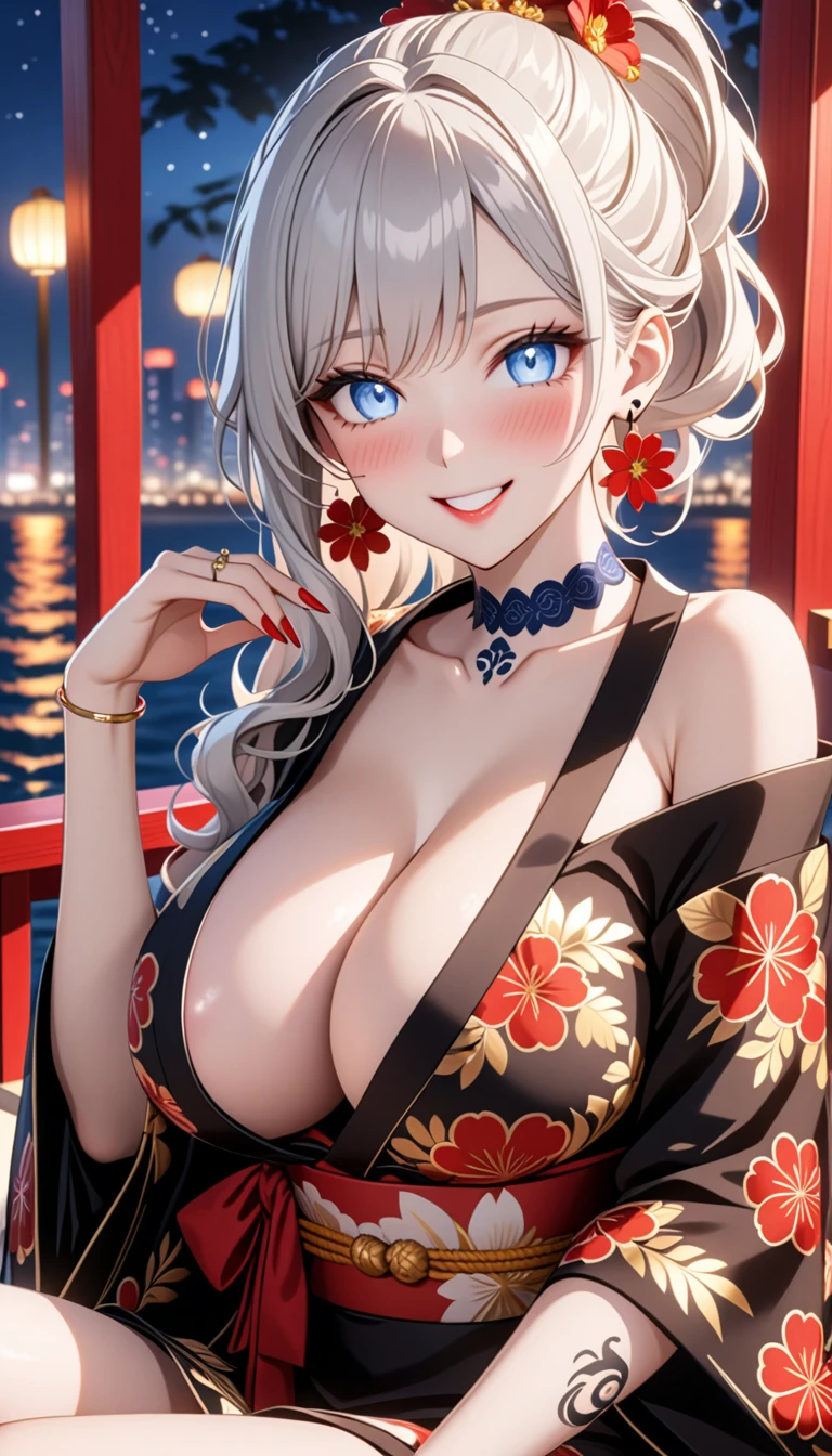 ultra-detailed, ((one girl)), (portrait), (pale skin:1.4), fair-skinned gyaru, ((A girl wearing a jet black kimono)), (heavy makeup), (professional lighting), hyper detailed, absurdres, 8k, Beautiful Face, (Laugh shyly), ((teasing smile:1.2)), ((happy smile:1.4)), ((Wink:1.4)), (Laugh with your mouth wide open),((Tilt your face:1.6)), View your viewers, ((full-face blush:1.5)), Glossy Red Lips, ((huge breasts:1.6)), undressing, ((Her clothes are off to her shoulders and her nipples are visible)), ((Her tattoo peeked through her kimono:1.3)), summer, night,A calm observation deck,View of the sea and fireworks, ((Anime style background)),masterpiece, Highest quality, so beautiful,Latest, Complex details, ((red long nail:1.2)), (ring),(bracelet), (Floral Choker),AI-generated, Complex,High resolution, Highest quality, super high quality,3D Images、3D Images,One person, (Silver White hair),Long Hair, (White high ponytail), (wavy hair:1.2)), Anime woman posing for a photo, ((Eyes with detailed pupils、blue eyes、glowing eyes:1.4)), (Squint your eyes:1.1),a hyperRealistic , hyperRealistic , Realistic,Anime woman with long white hair, Smooth anime CG art, ((A girl in a gorgeous black kimono:1.2)), ((black furisode:1.3)),Gold embroidery, (Large floral pattern in red color), (sideboob), (Long red flower hair ornament),(big floral earrings), Mature Body, tall,Narrow waist,sit, ((looking forward:1.4)), ((hand between legs:1.3)), extreme close-up shot,