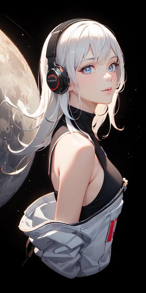 (masterpiece, finely detailed beautiful eyes: 1.2), (on the moon, space, looking back into earth), white hair, black tank top, volumetric lighting, white jacket, glowing headphone, cyberpunk, futuristic, multi-color eyes, detailed eyes, hyper detailed,light smile, highly detailed, beautiful, small details, ultra detailed, best quality, intricate, hyperrealism, sharp, digital illustration, detailed, realism, intricate, 4k, 8k, trending on artstation, good anatomy, beautiful lighting, award-winning, photorealistic, realistic shadows, realistic lighting, beautiful lighting, raytracing, intricate details, moody, rule of thirds, masterpiece, (illustration:1.1), highres, (extremely detailed CG, unity, 8k wallpaper:1.1), beautiful face, highly detailed face, ultra realistic, masterpiece, bokeh, extremely detailed, intricate, zoomout, colorful, vibrant colors, red nail polish, side view,