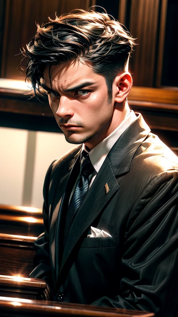 lawyer、Formal suit、Courtroom scene、Closing argument to the jury、Raising his fist and making a passionate speech