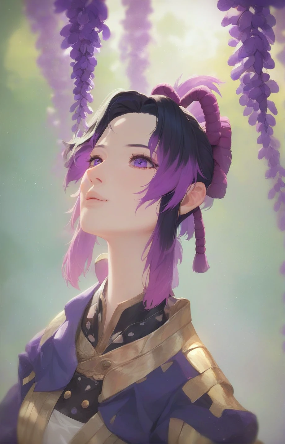 (masterpiece:1.3), (best quality:1.1), 1girl, kochou , shinobu,
BREAK, masterpiece, best quality, ultra-detailed, illustration, 1girl, solo,
BREAK, multicolored hair, no bangs, hair intakes, purple eyes, forehead, wisteria, 