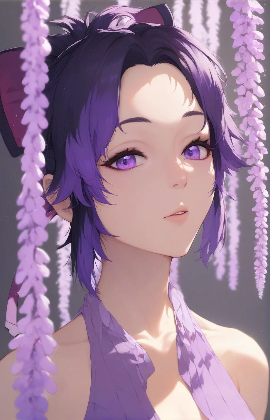 (masterpiece:1.3), (best quality:1.1), 1girl, kochou , shinobu,
BREAK, masterpiece, best quality, ultra-detailed, illustration, 1girl, solo,
BREAK, multicolored hair, no bangs, hair intakes, purple eyes, forehead, wisteria, 