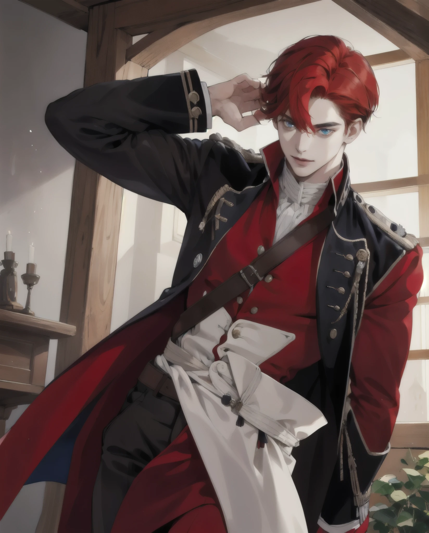 24 ans. Jeune homme Anglais en 1817. Grand manteau rouge avec un col haut, peau pale, auburn hair with a grey streak falling over her eyes. Un oeil bleu et un oeil noir. Grand et mince.